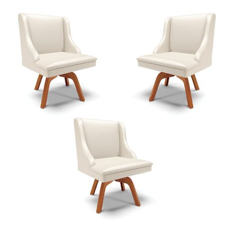 Kit 3 Cadeiras Decorativas Sala de Jantar Base Giratória de Madeira Firenze PU Bege/Natural G19 - Gr