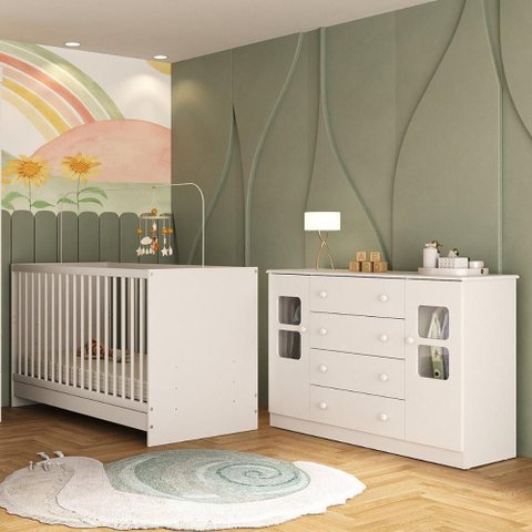 Berço 3 em 1 para Colchão 130x60cm com Cômoda 2 Portas 4 Gavetas Brisa Multimóveis Mp4747 Branco
