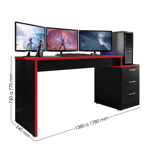 Mesa Gamer Valência Preto Vermelho 3 Gavetas Telescópicas Estação de Trabalho