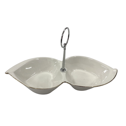 Petisqueira de Porcelana Branca com Borda Dourada 2 Divisórias Bela Flor 25cm