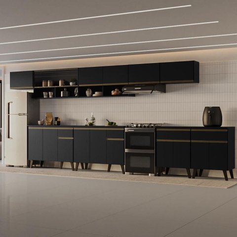Armário de Cozinha Completa Atlanta Loop com Vidro Carraro Preto Touch