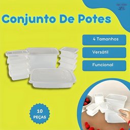 Conjunto 10 Potes Recipientes Plástico 4 Tamanhos Diferentes Resistente Tampa Livre Bpa Transparente - 4