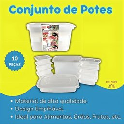 Conjunto 10 Potes Recipientes Plástico 4 Tamanhos Diferentes Resistente Tampa Livre Bpa Transparente - 6
