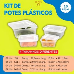 Conjunto 10 Potes Recipientes Plástico 4 Tamanhos Diferentes Resistente Tampa Livre Bpa Transparente - 3