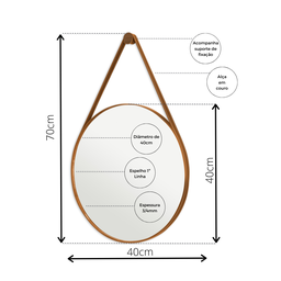 Espelho Grande De Mesa Alça Em Couro 60cm C/ Suporte:Caramelo - 2