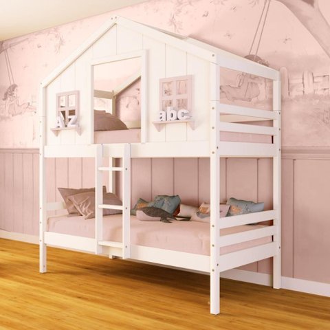 Beliche Casinha Dos Sonhos Madeira Maciça Branco/ Rosa Megamobilia