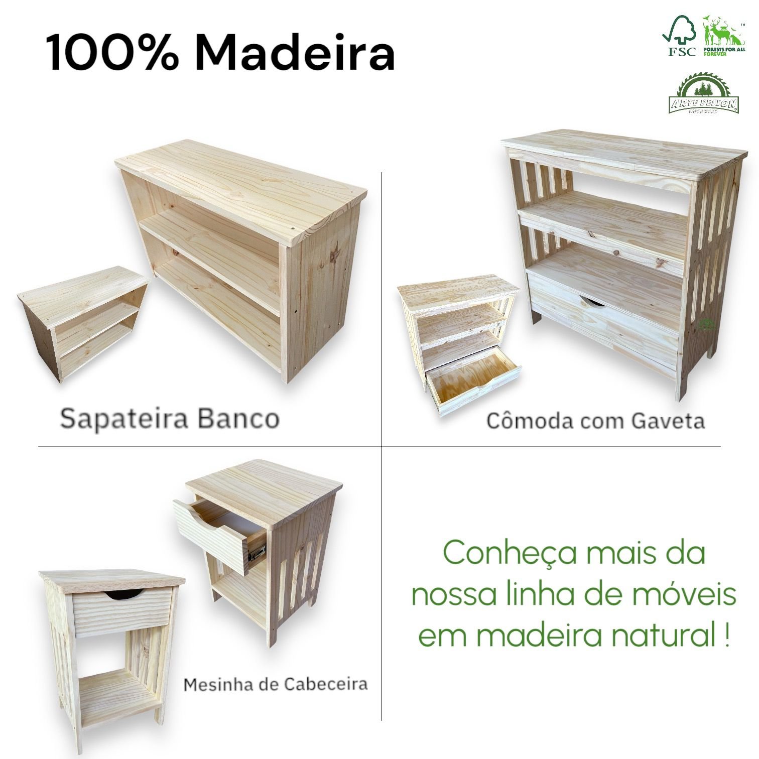 Mesa de Cabeceira com Gaveta Mesa de Cabeceira Quarto de Madeira Castanho Arte Design Wood - 10