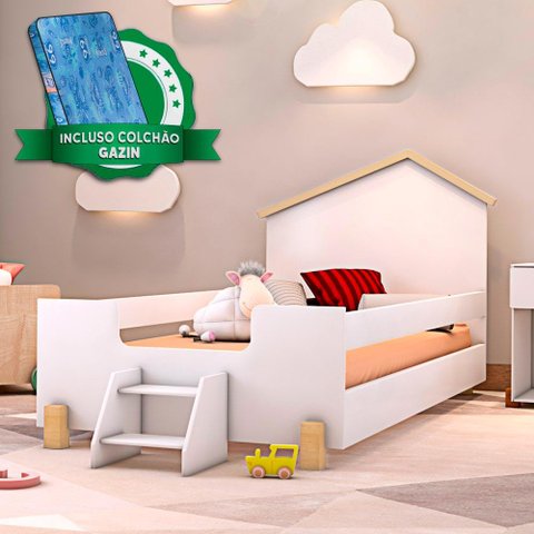 Cama Montessoriana Casinha Infantil Com Escadinha Branco Ayla Divaloto Com Colchão Gazin