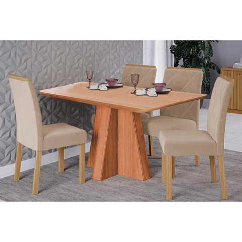 Conjunto: Mesa Sala Jantar Maitê Tampo Madeirado 130x80cm e 4 Cadeiras Fernanda Cinamomo - Carvalho