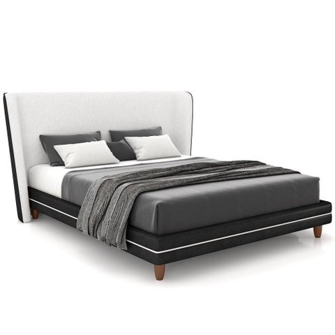 Cabeceira Casal Nilo 195cm com Cama Pés Madeira Suném P05 Couríssimo Preto Bouclê Cru - Lyam