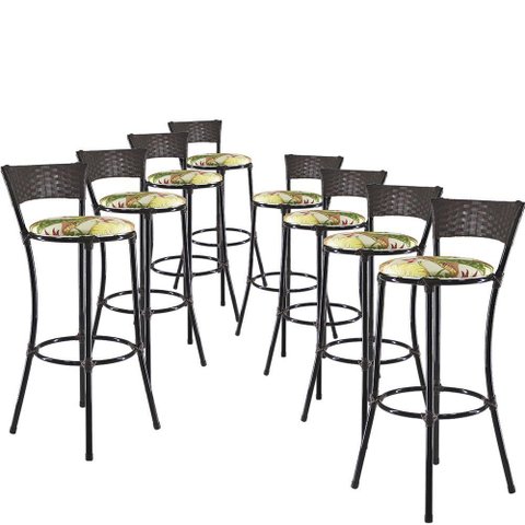 Kit Com 8 Banquetas Altas Forts Verde Floral, Fibra Uv Bancada, área Goumert, Bar, Piscina, Balcã