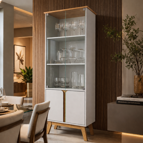 Cristaleira Liz 4 Portas Vidro Moderna Sala de Jantar Mdf Led Embutido Cozinha Madeira Buffet Mdp:of