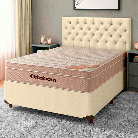 Conjunto Cama Box Perola Casal + Colchão Molas Ensacadas Airtech Ortobom + Cabeceira