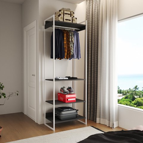 Closet Modulado Estilo Industrial Solteiro Loft Preto Cabideiro Ferro Branco