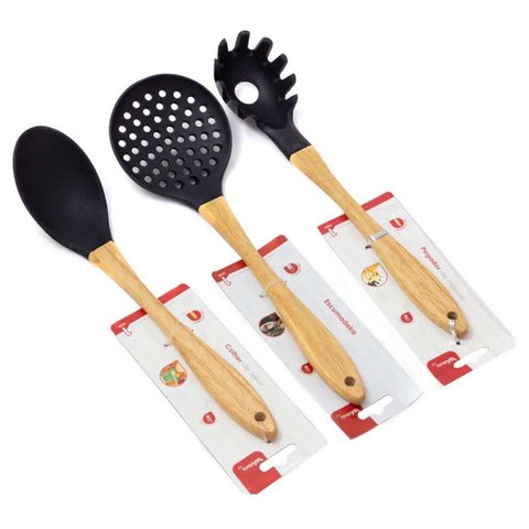 Conjunto 3 Utensílios De Cozinha Silicone Cabo Madeira Preto Wellmix