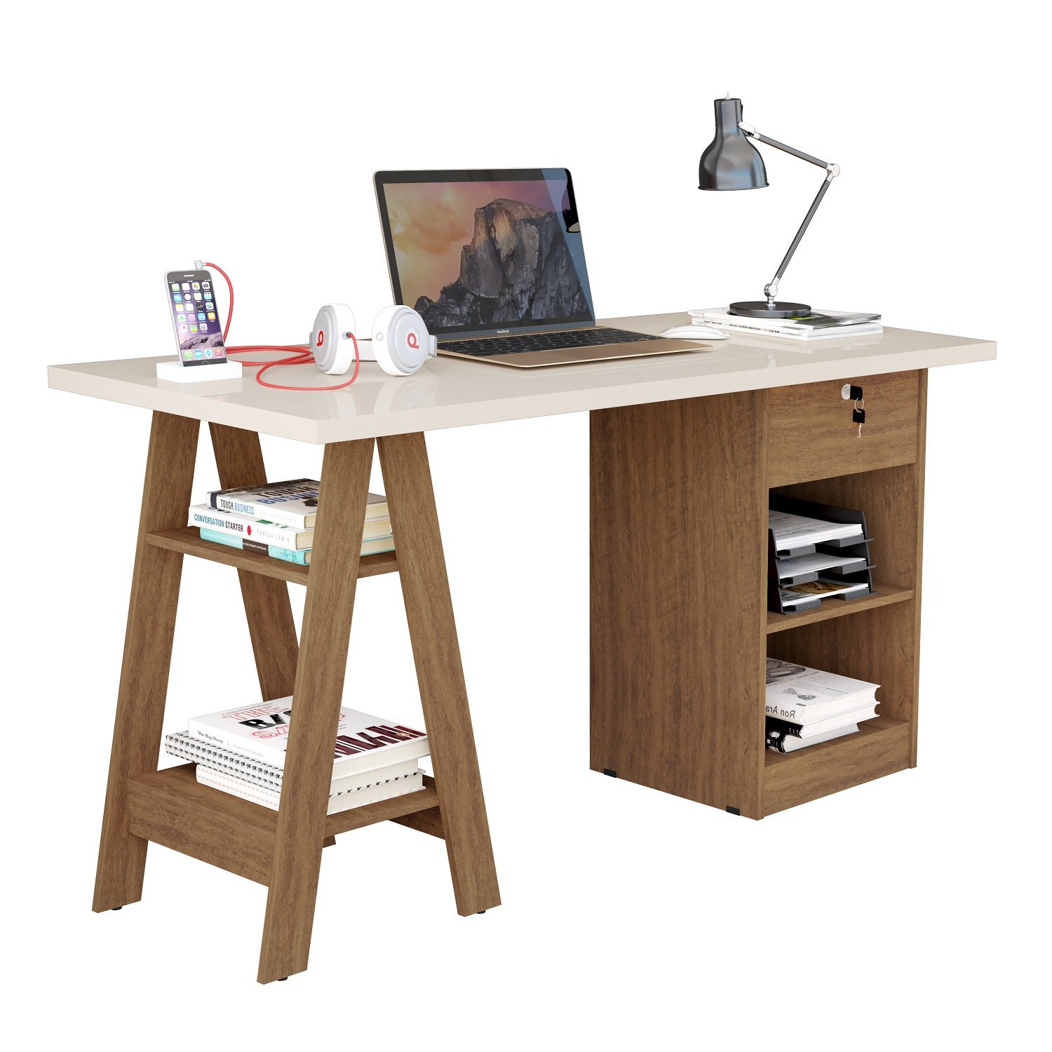 Mesa De Estudo Bali OffWhite/Canela Para Quarto/Escritório/HomeOffice - 1