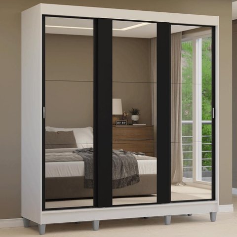 Guarda-Roupa Casal com Pés 3 Portas de Correr de Espelho Reno Madesa