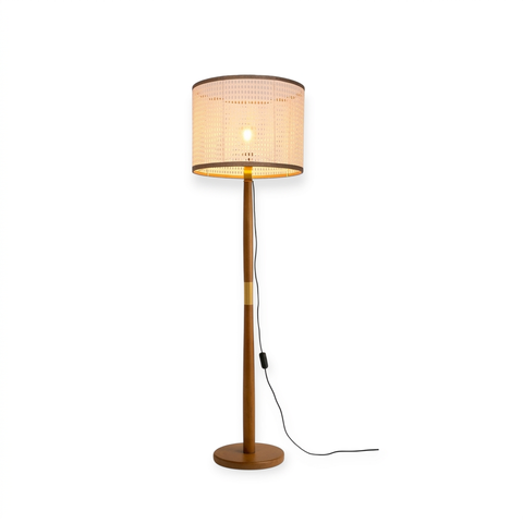 Luminária de Chão Imperial Base Madeira Detalhe Dourado 160cm Bivolt - Palha/Marrom