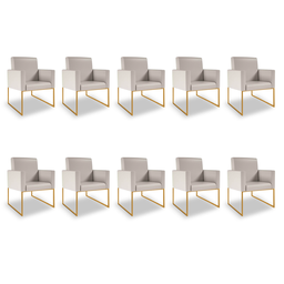 Kit 10 Poltronas Moderna Courino 3 Cores- Base Ferro Dourado - Bege - 1