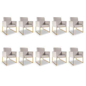Kit 10 Poltronas Moderna Courino 3 Cores- Base Ferro Dourado - Bege