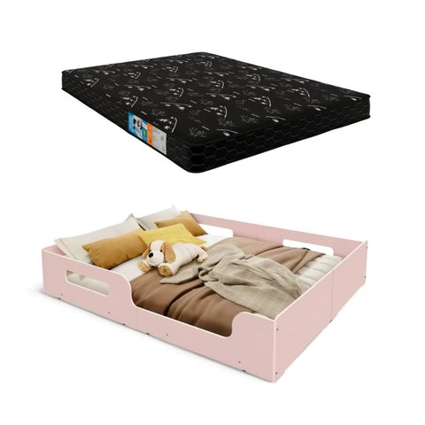 Cama Casal Montessoriana Infantil Princesa Grade de Proteção Lateral + Colchão D23 -Rosa