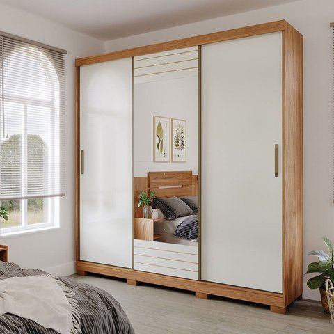 Guarda-Roupa Casal 3 Portas de Correr com Espelho e Pés 199cm 100% MDF Roma Espresso Móveis Bege/Cinamomo/Off White