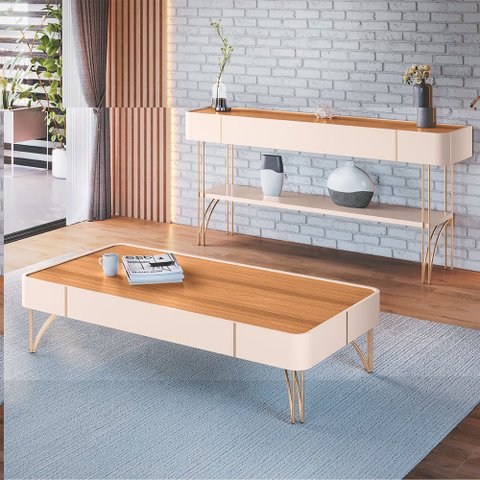 Conjunto Decorativo Aparador e Mesa de Centro Rennes Mdp/mdf Pés de Aço Off White/cinamomo G26 - Gra