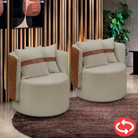 Kit 2 Poltrona Orgânica Base Giratória Maya Corino Nozes e Boucle Cinza Redonda Decorativa - Arkell