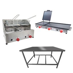 Kit Lanchonete Mesa de Manipulação 100x55cm + Fritadeira a Gás 2 Cuba + Chapa a Gás 90cm - 1