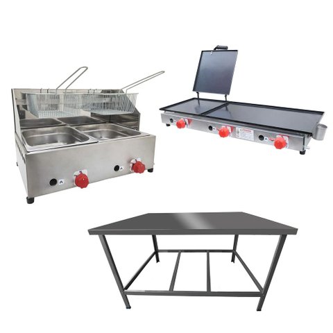Kit Lanchonete Mesa de Manipulação 100x55cm + Fritadeira a Gás 2 Cuba + Chapa a Gás 90cm