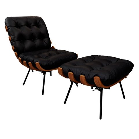 Poltrona Decorativa com Puff Laura Couro Preto - Sallar Home