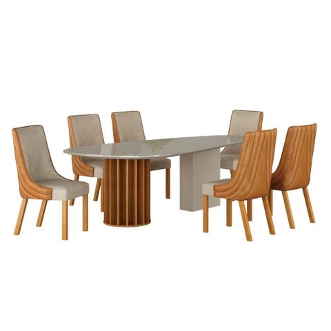 Conjunto Sala de Jantar Mesa Orgânica 200cm 6 Cadeiras Belle com Tampo Vidro Cinamomo/Off White/Sint