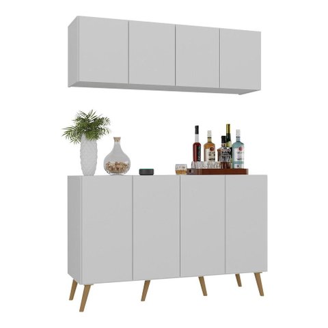 Kit Bar Armário Aéreo e Aparador 4 Portas Retrô Multimóveis Mp1086 Branco/natural