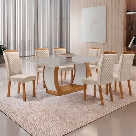 Mesa Jantar Milena 6 Lugares MDF Vidro Cadeiras Lorena Veludo Off White 180cm Moderna