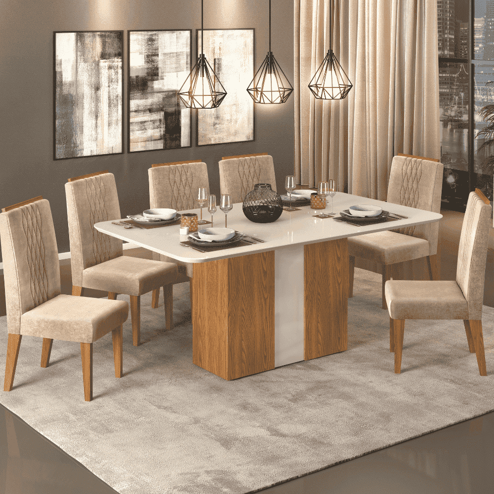 Mesa de Jantar Retangular Mia 170 cm Tampo Curvo MDF/Vidro Cor Carvalho Europeu/Creme/Creme - DJ M - 2