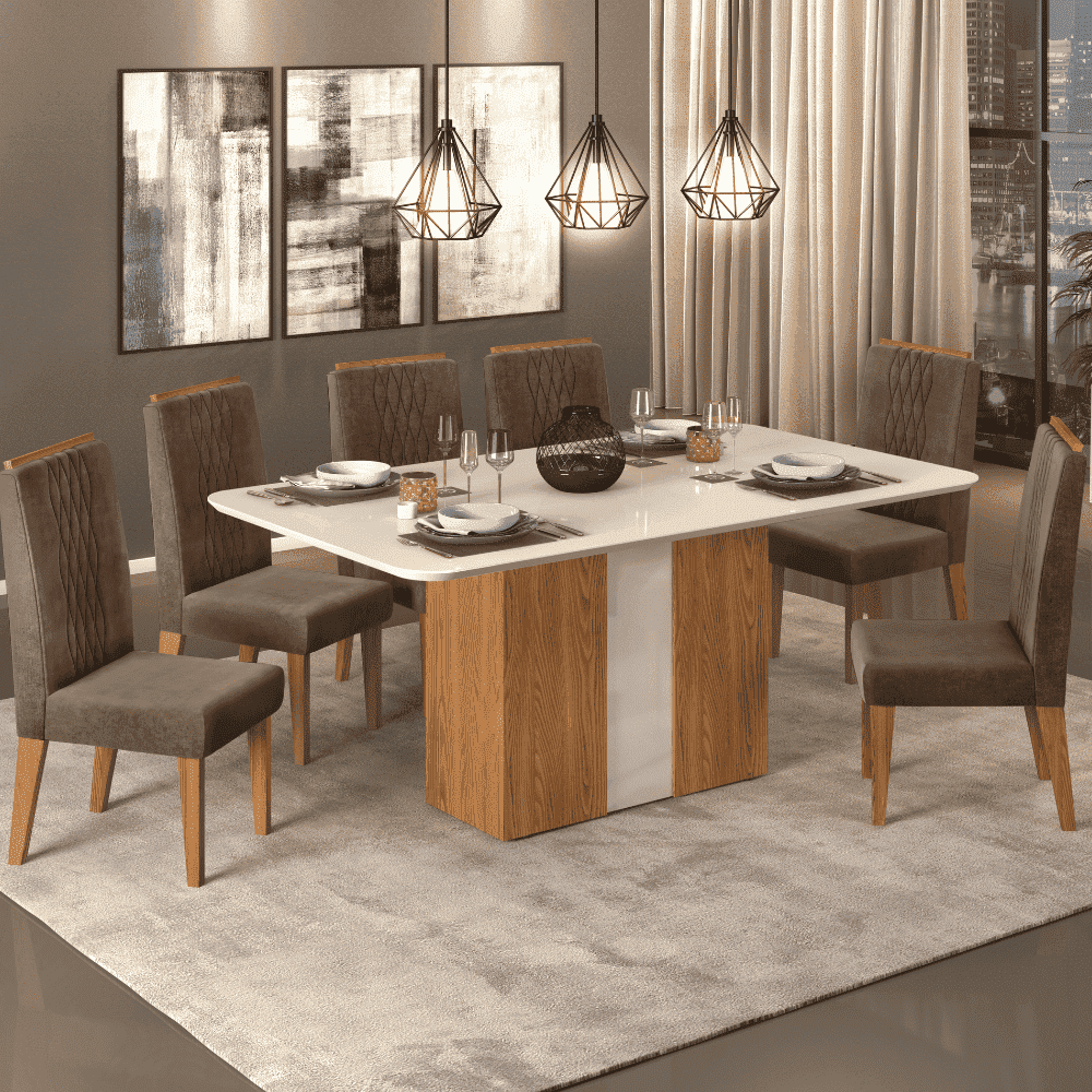Mesa de Jantar Retangular Mia 170 cm Tampo Curvo MDF/Vidro Cor Carvalho Europeu/Creme/Creme - DJ M - 3
