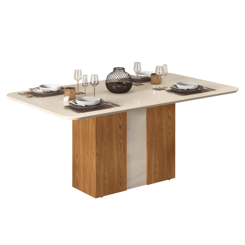 Mesa de Jantar Retangular Mia 170 cm Tampo Curvo MDF/Vidro Cor Carvalho Europeu/Creme/Creme - DJ M - 1