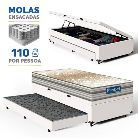Cama Box Baú com Colchão de Molas Ensacadas Double Face Pillow Euro Alfa Probel + Auxiliar