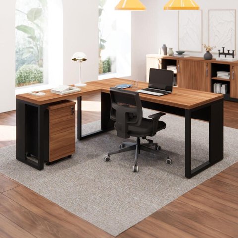 Mesa de Escritório em L 170 cm X 160 cm 40mm Pés Metal com Gaveteiro F5 Office Cor:Nogal com Preto