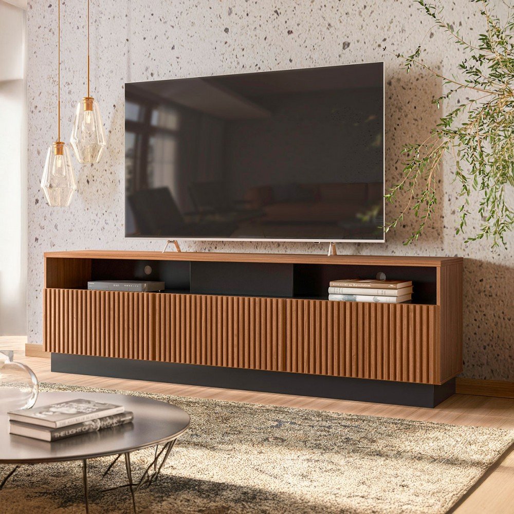 Rack para Tv até 75 Polegadas Temaru Ripado 3 Porta Freijó/preto Fosco ...