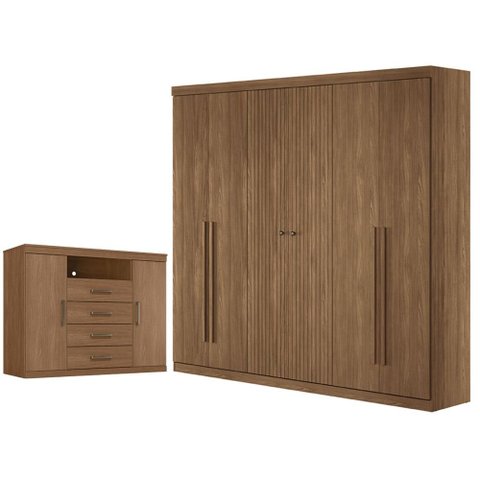 Guarda Roupa Casal Ripado 6 Portas Buriti e Cômoda Havana Master Jatobá Acetinado - Santos Andirá