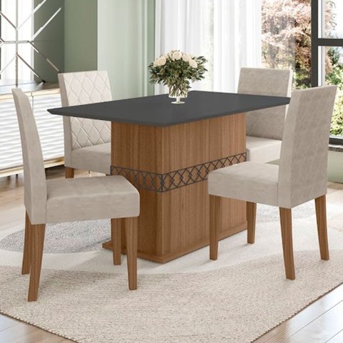 Conjunto Sala de Jantar Mesa com Tampo Chanfrado Agata 4 Cadeiras Estofadas Jade Poliman