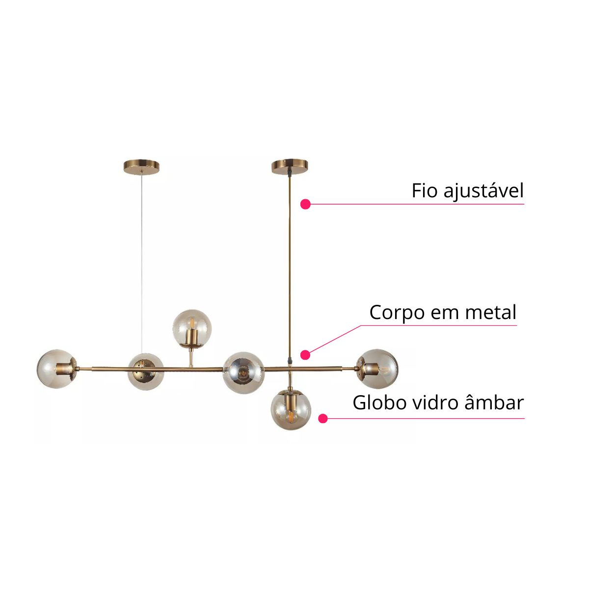 Lustre Pendente Jabuticaba Jabuti Dourado com 6 Bolas Globos Esféras Âmbar Moderno Luxo Inl85 - 7