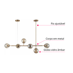 Lustre Pendente Jabuticaba Jabuti Dourado com 6 Bolas Globos Esféras Âmbar Moderno Luxo Inl85 - 7