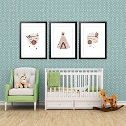 Kit 3 Quadros Grandes Quarto Infantil Indígena Nuvem Chuva 60x48cm:moldura Branca - 1