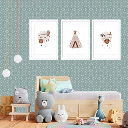 Kit 3 Quadros Grandes Quarto Infantil Indígena Nuvem Chuva 60x48cm:moldura Branca - 2