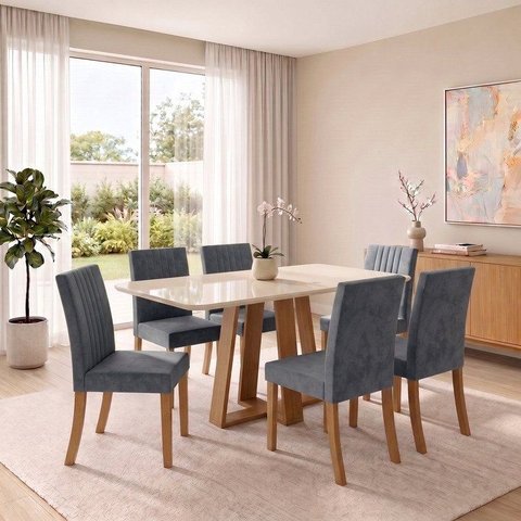 Conjunto Sala de Jantar Mesa Lisa 160cm com Tampo MDF e Vidro Canto Arrredondado 6 Cadeiras Lily