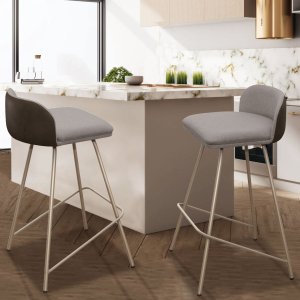 Kit 2 Banqueta Luxo Alta Nobre - Estrutura em Aço na Cor Champanhe - Estofado em Linho com Composê N