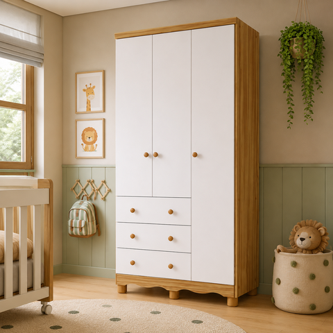 Guarda-Roupa Peroba Junior 3 Portas 3 Gavetas Branco Amêndoa