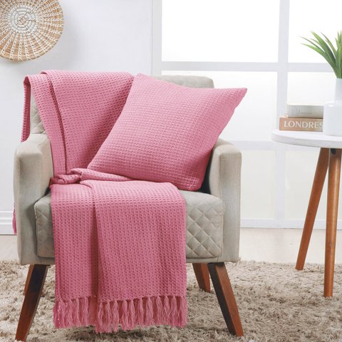 Manta Decorativa para Sofá Boho Favo de Mel Rosa Fastlar Manta 100% Algodão 140x250cm